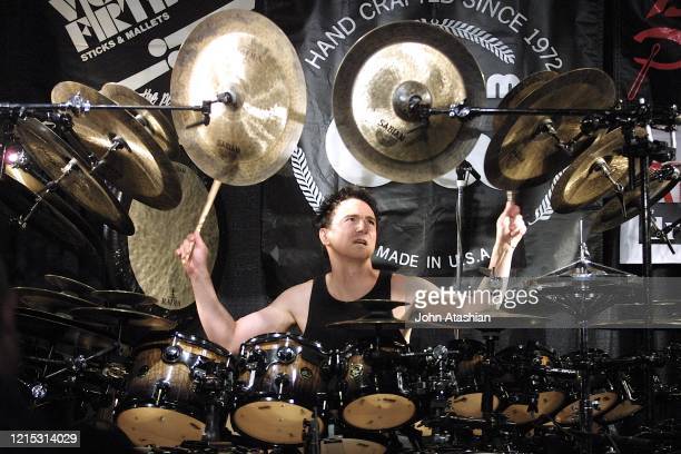 Percussionist Terry Bozzio is shown playing during a drumming clinic on November 4, 2002. (Photo by John Atashian/Getty Images)